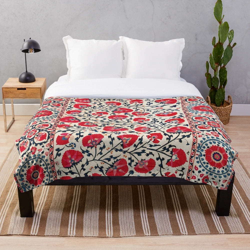 Uzbekistan Suzani inspired plush blanket with floral embroidery