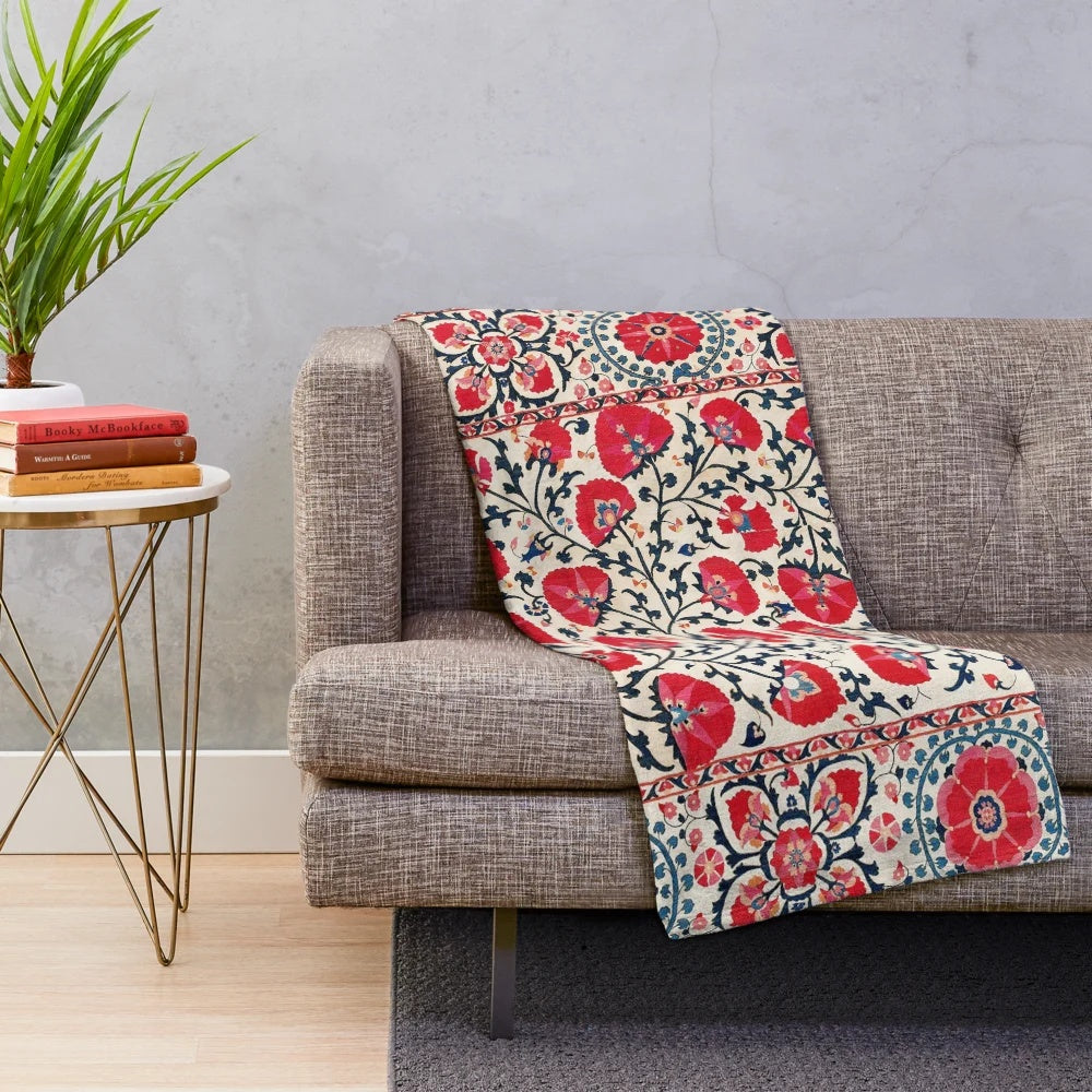 Uzbekistan Suzani inspired plush blanket with floral embroidery
