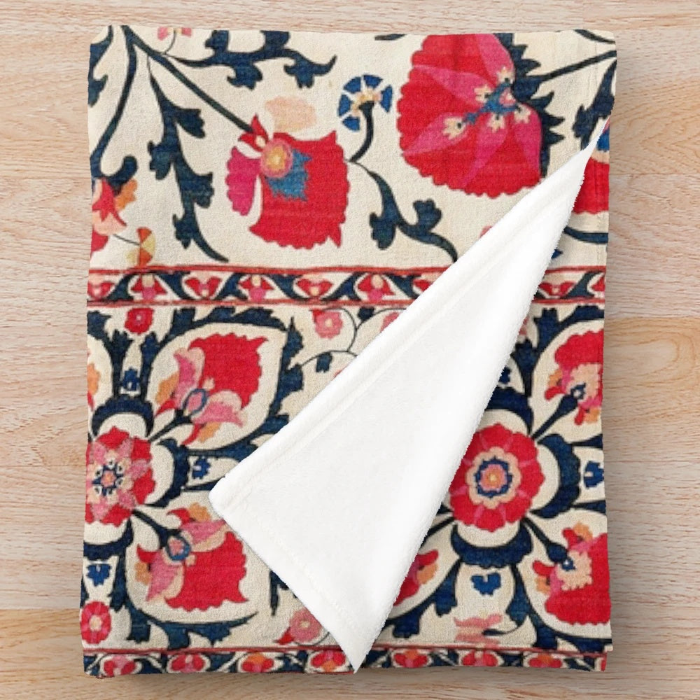Uzbekistan Suzani inspired plush blanket with floral embroidery