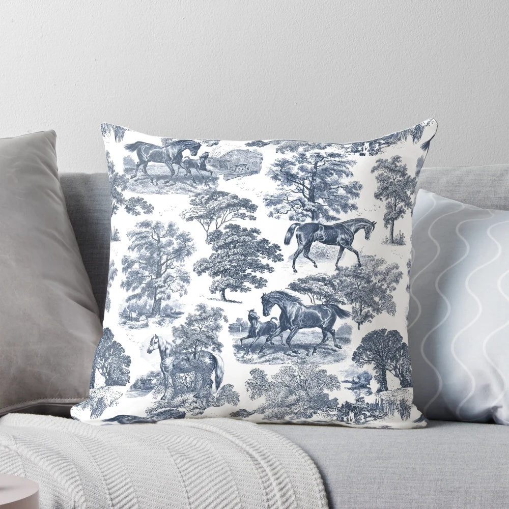 Elegant vintage chic blue toile horses pattern luxury pillow
