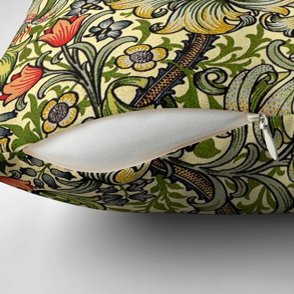 Close-up of a decorative vintage floral pattern pillow cover featuring the iconic William Morris golden lily design.