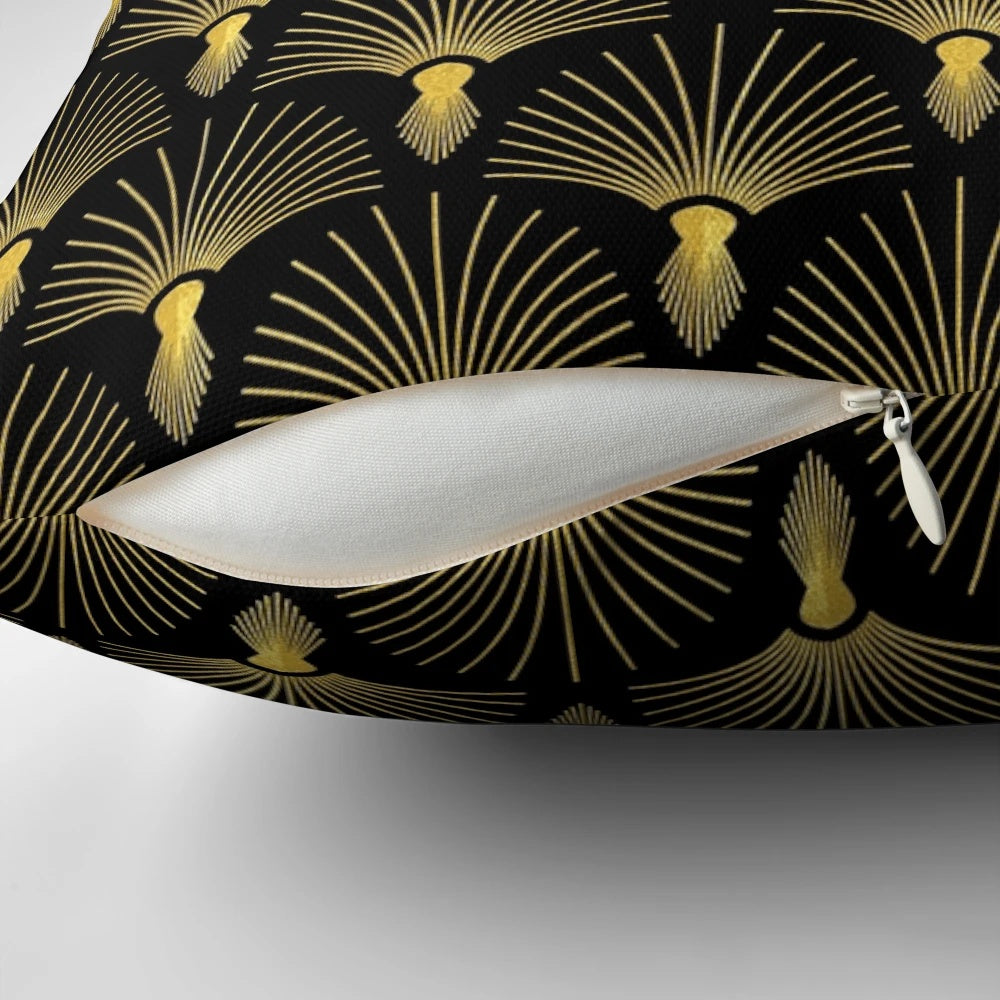 Elegant art deco throw pillow in a vintage Hollywood-inspired golden and black design