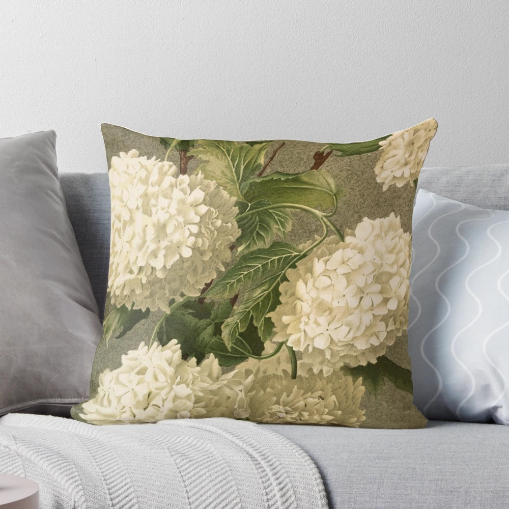 Vintage-style white hydrangea floral decorative pillow