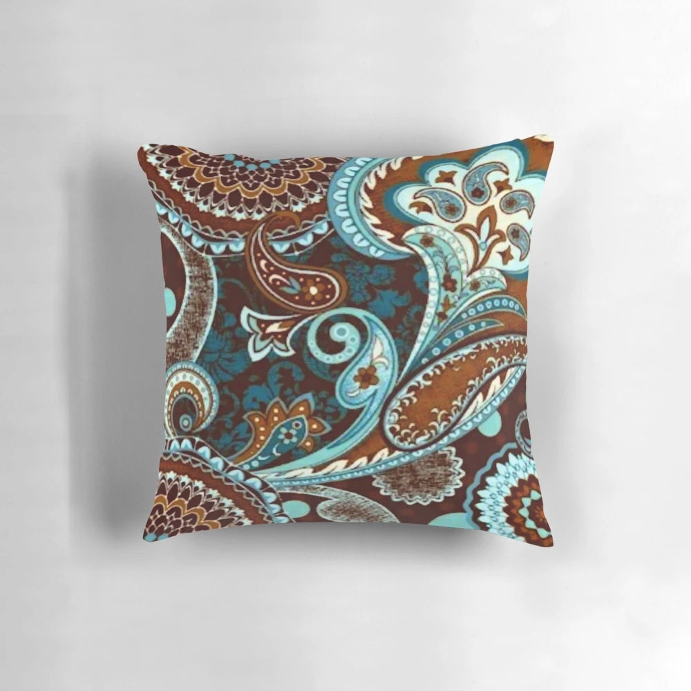 Vintage paisley pillow with a pop art inspired digital design in shades of brown, turquoise and green.