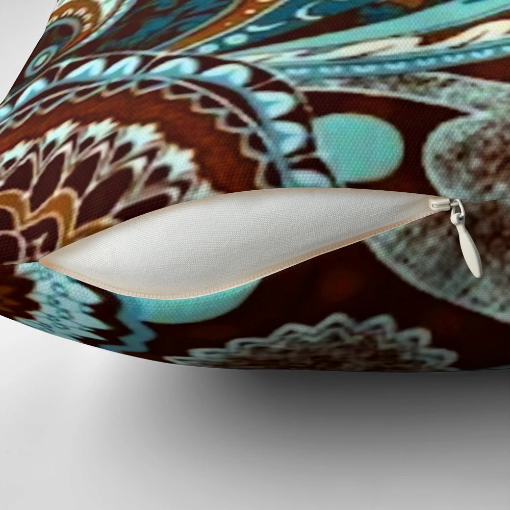 Vintage paisley pillow with a pop art inspired digital design in shades of brown, turquoise and green.