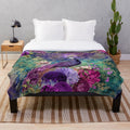 Elegant vintage peacocks plush blanket in teal and purple watercolor floral design