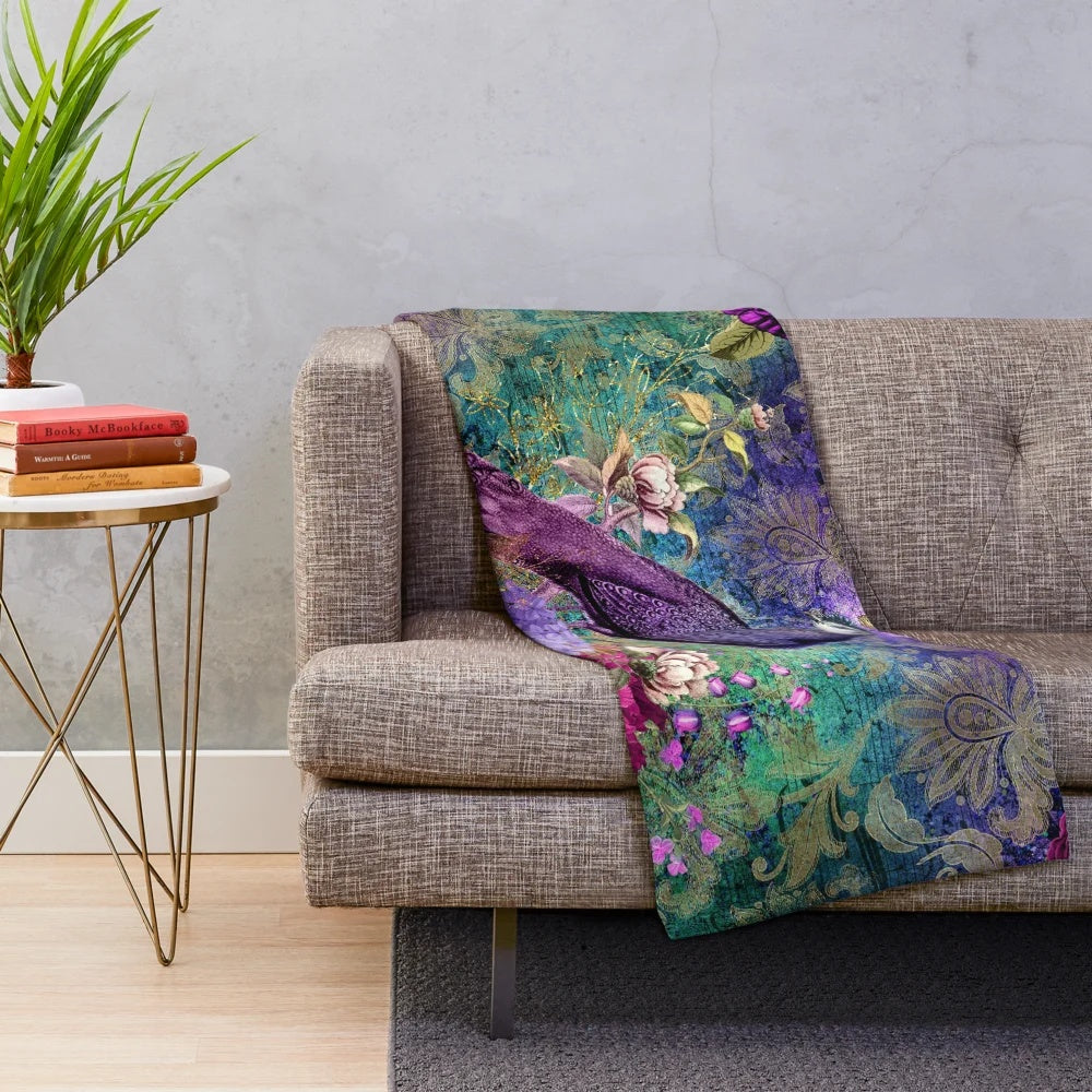 Elegant vintage peacocks plush blanket in teal and purple watercolor floral design