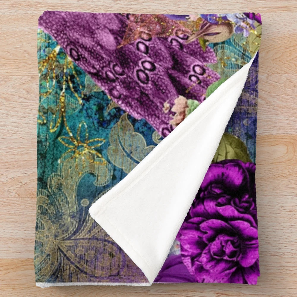 Elegant vintage peacocks plush blanket in teal and purple watercolor floral design
