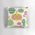 Vintage-inspired throw pillow with colorful Christmas ornament design