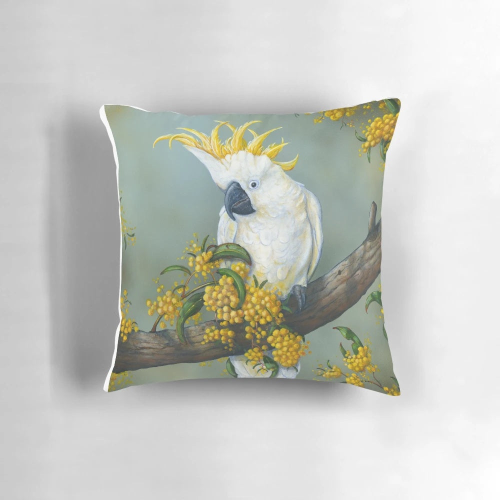 A beautifully designed white cockatoo pillow, showcasing the graceful and vibrant plumage of this iconic Australian native bird.