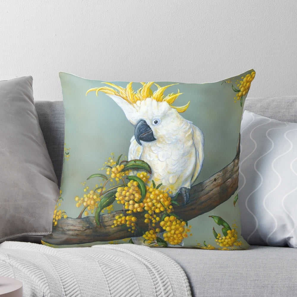 A beautifully designed white cockatoo pillow, showcasing the graceful and vibrant plumage of this iconic Australian native bird.
