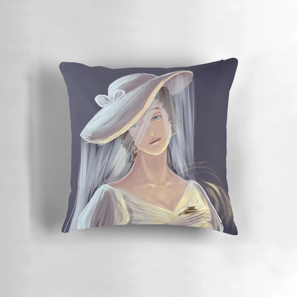 White decorative pillow with candle design, perfect for home decor
