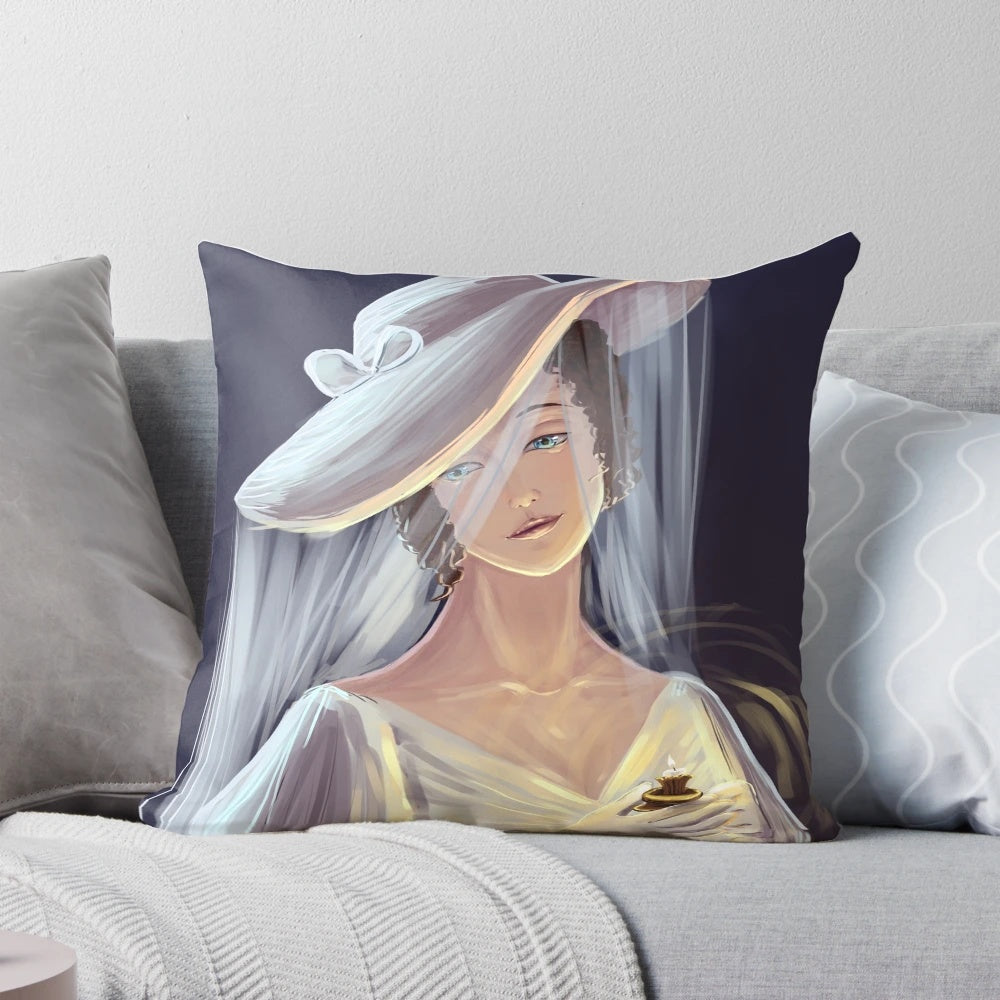 White decorative pillow with candle design, perfect for home decor