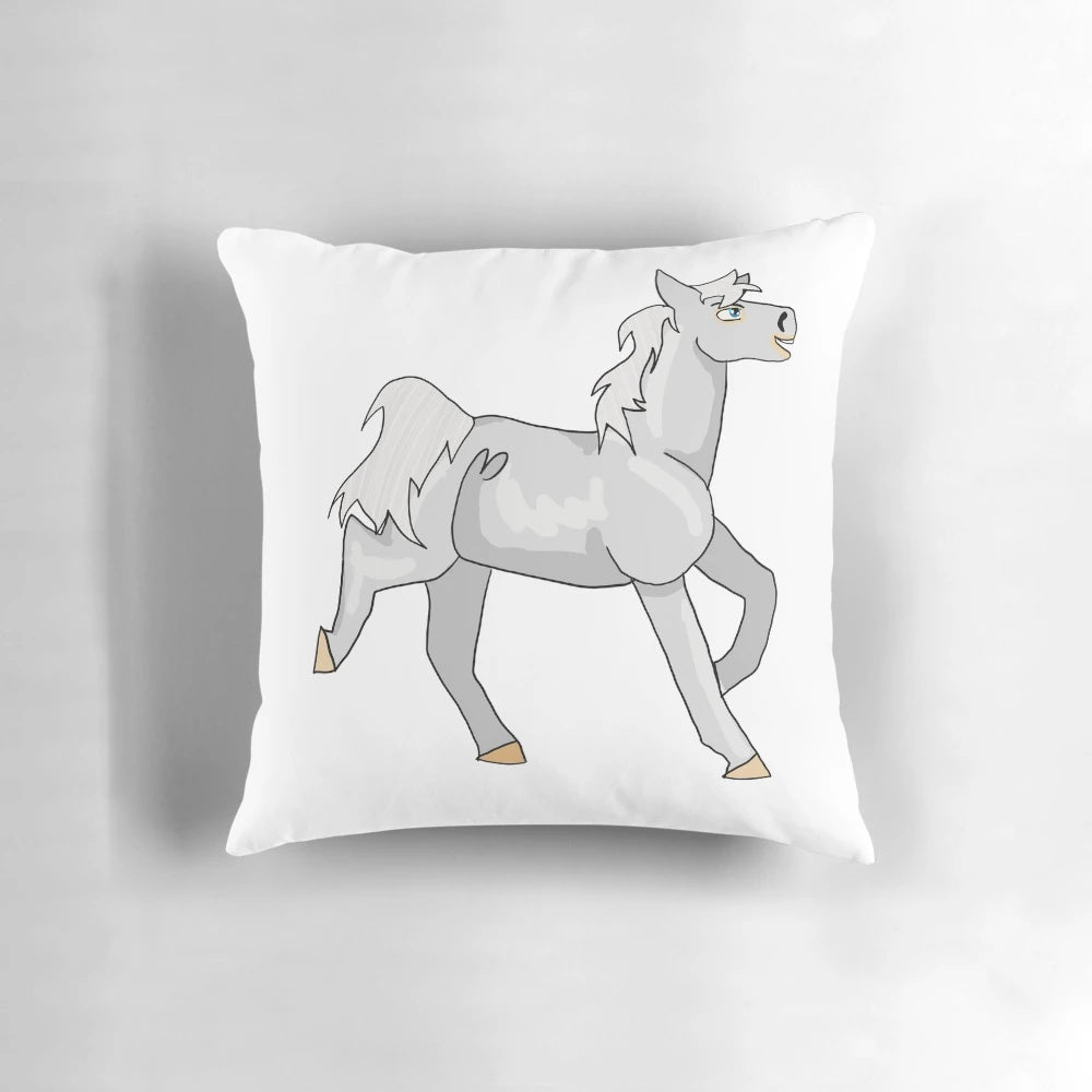 Beautiful white horse decorative pillow, perfect for equestrian-themed home decor.
