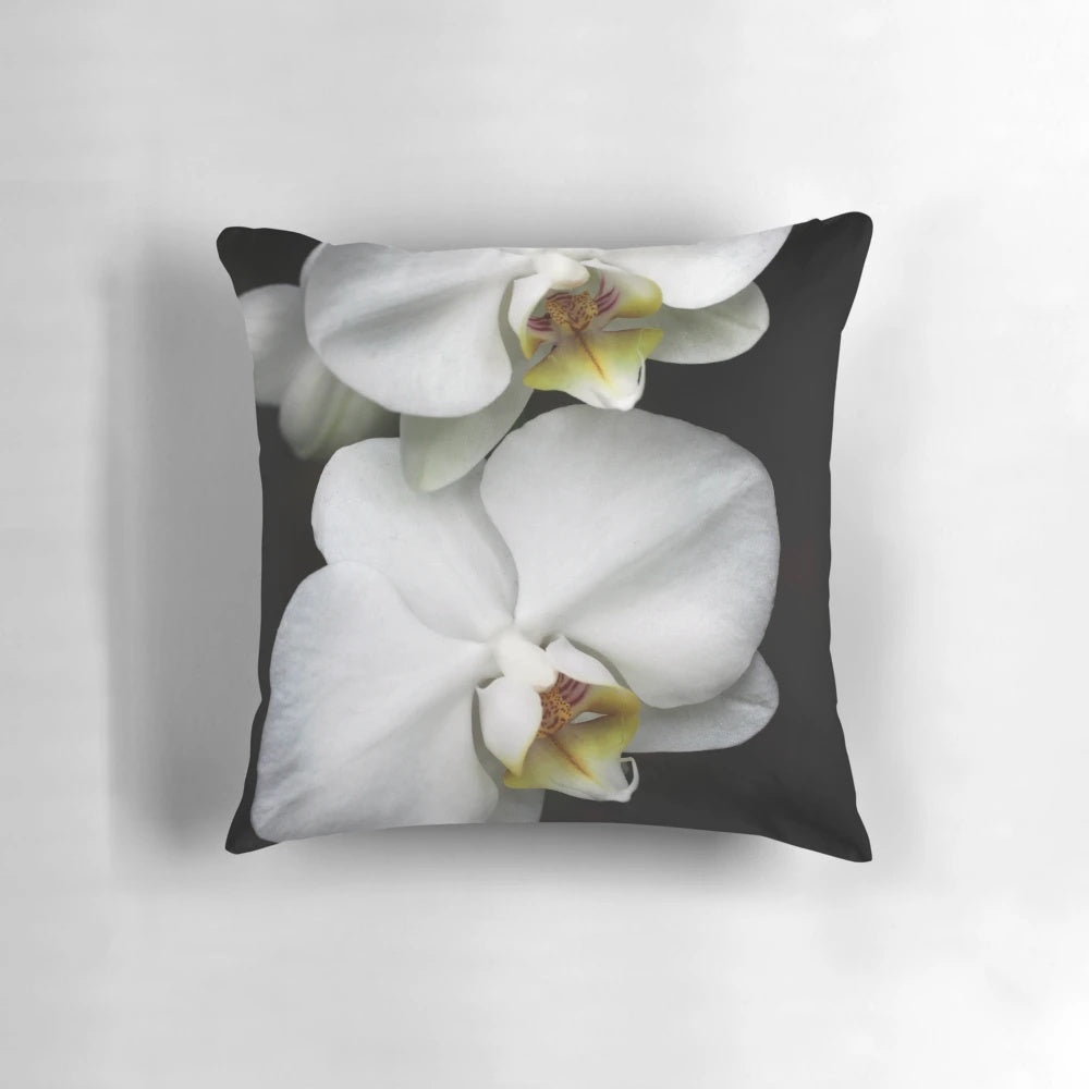 Close-up image of a beautiful white orchid flower on a decorative pillow