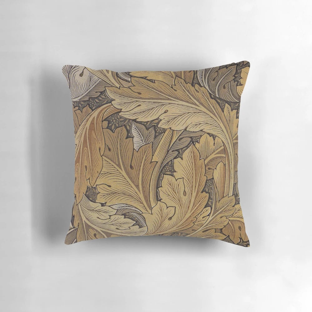 Decorative William Morris-inspired throw pillow with acanthus leaf design in brown and gold tones