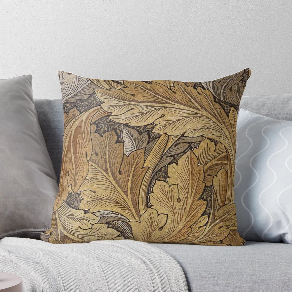 Decorative William Morris-inspired throw pillow with acanthus leaf design in brown and gold tones