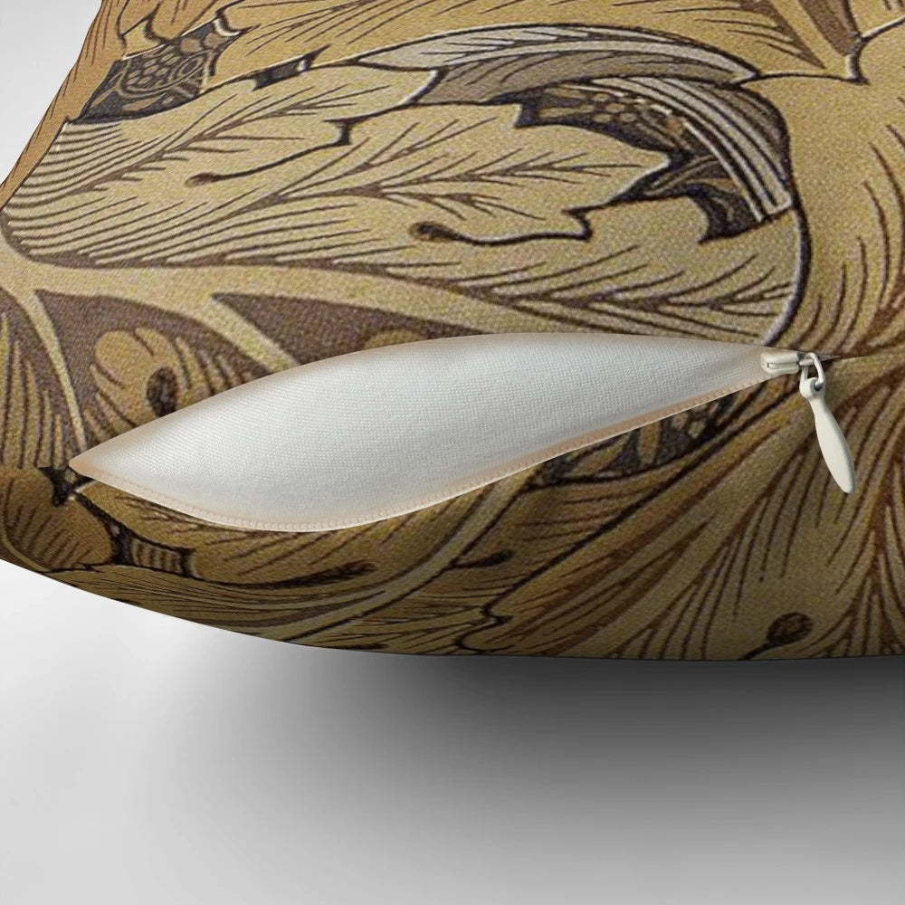 Decorative William Morris-inspired throw pillow with acanthus leaf design in brown and gold tones