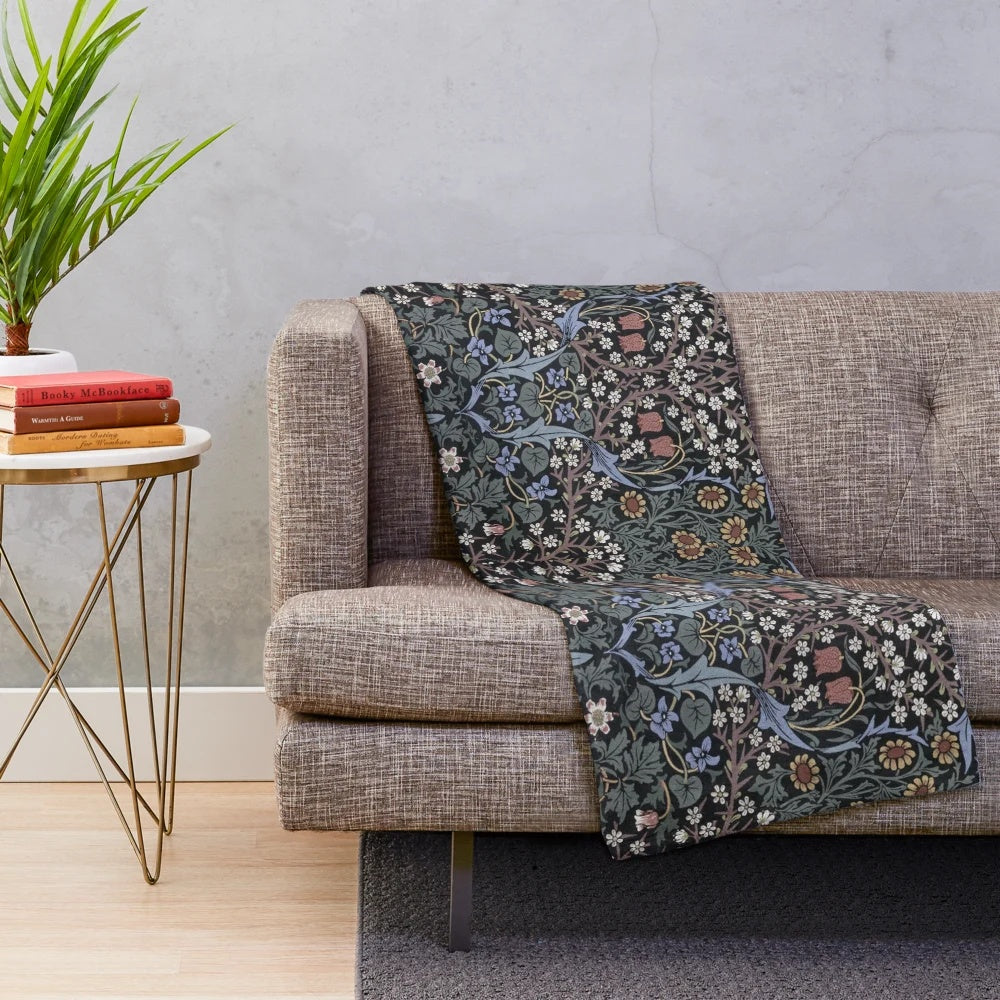 Cozy plush blanket featuring a William Morris-inspired blackthorn floral design