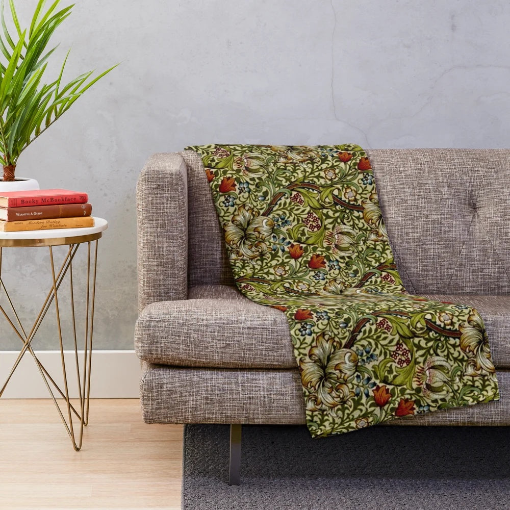 Floral William Morris inspired golden lily pattern plush blanket