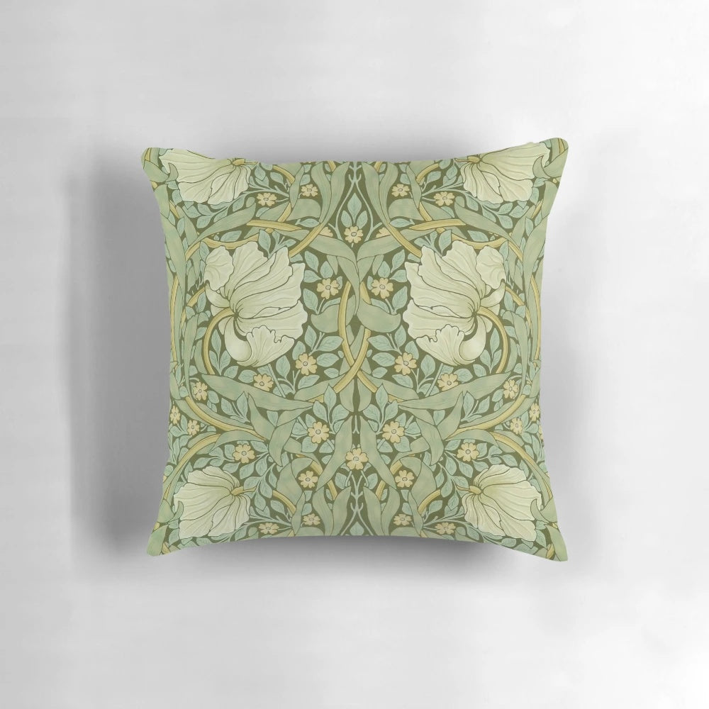 William Morris "Pimpernel" green and white throw pillow with floral design