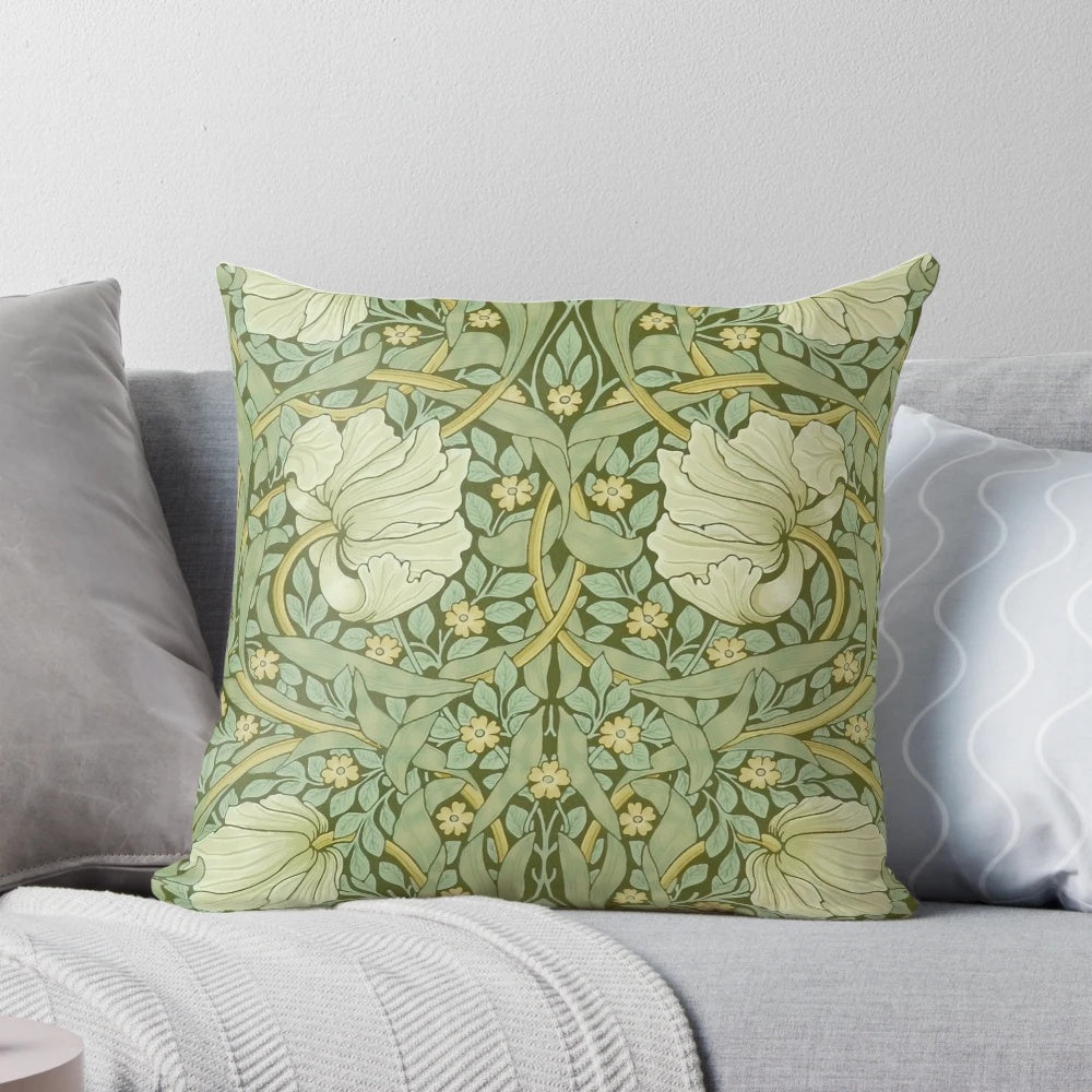 William Morris "Pimpernel" green and white throw pillow with floral design