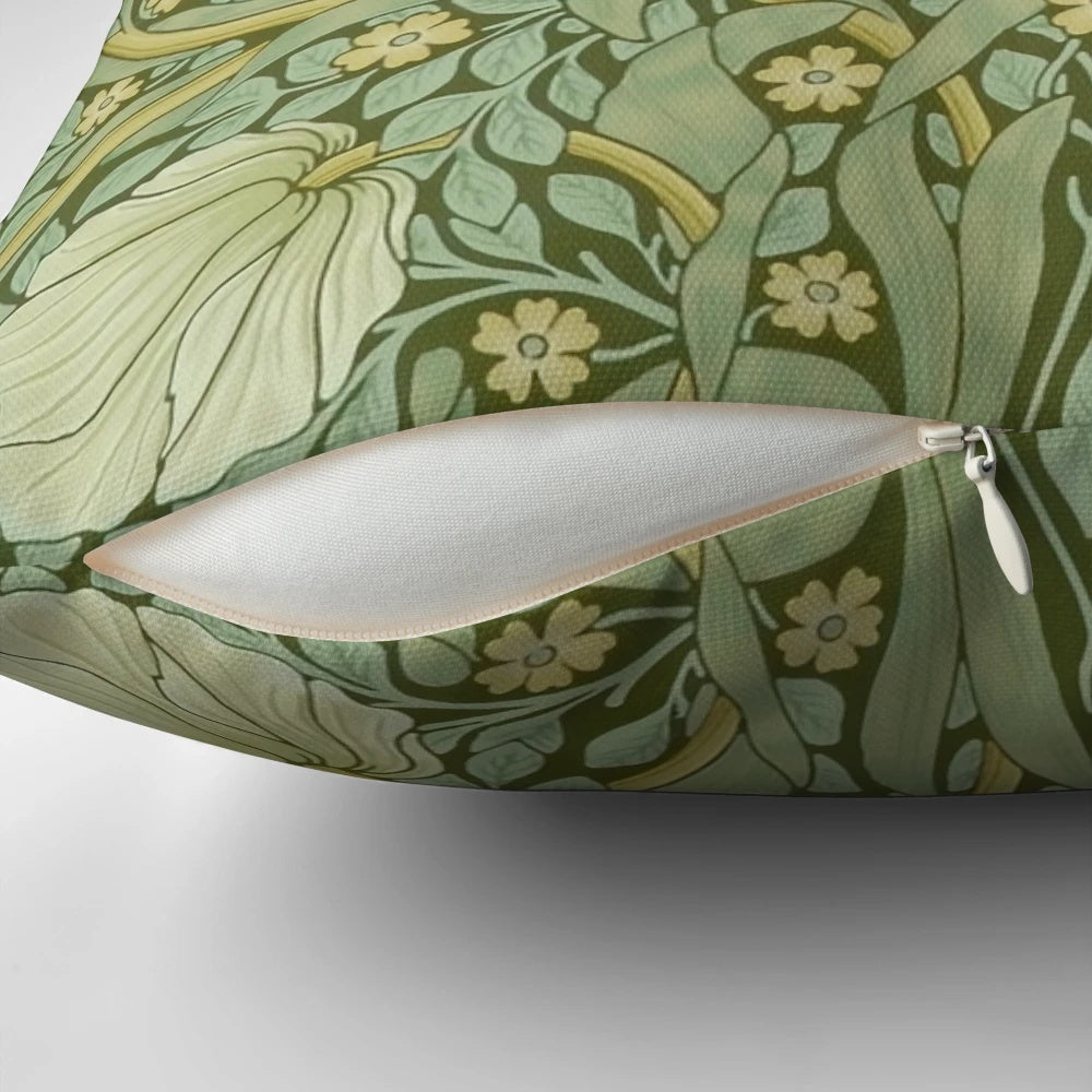 William Morris "Pimpernel" green and white throw pillow with floral design