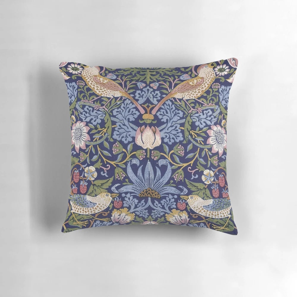 Vibrant Strawberry Thief design 1883 throw pillow by renowned artist William Morris