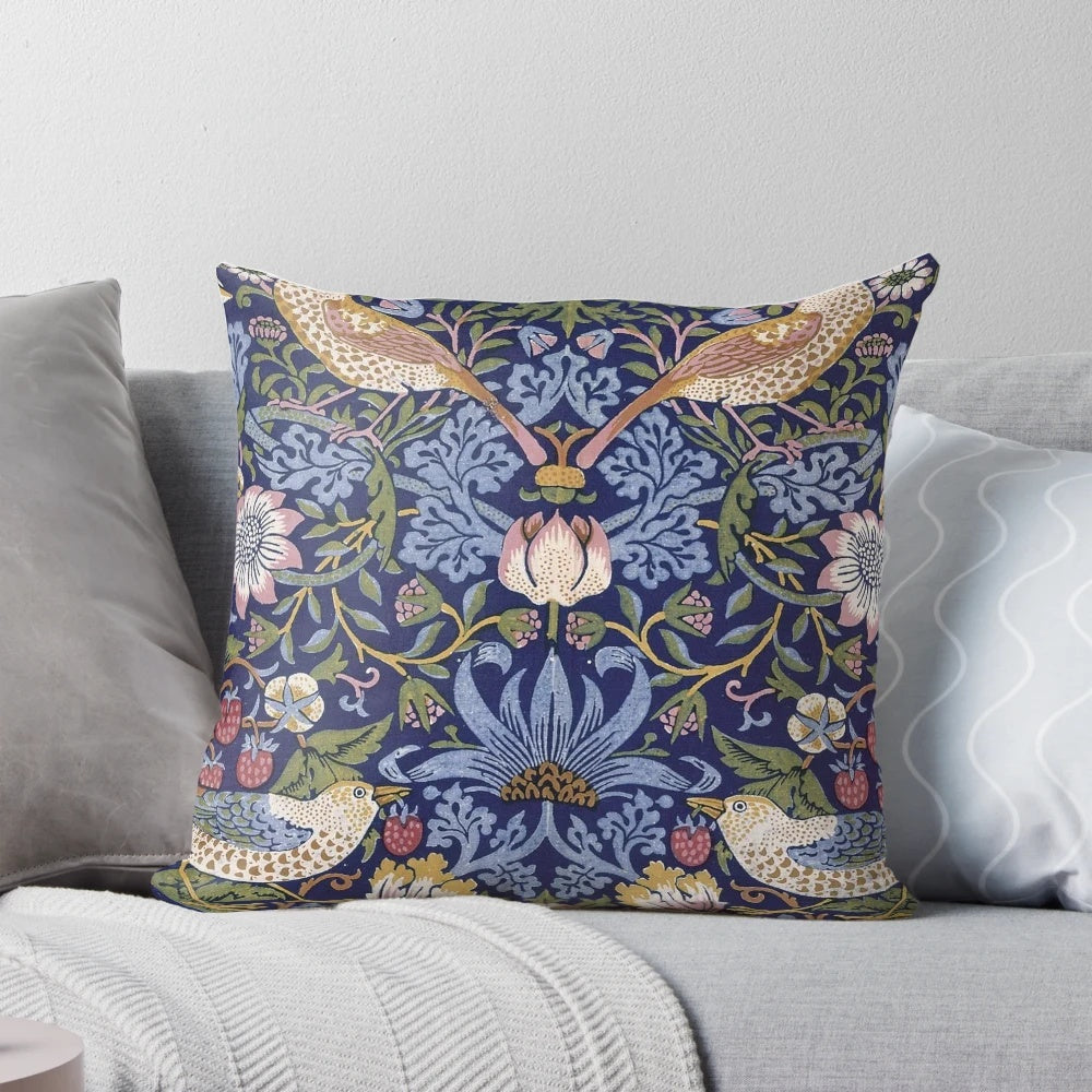 Vibrant Strawberry Thief design 1883 throw pillow by renowned artist William Morris