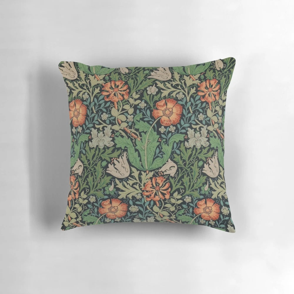 Antique floral decorative pillow featuring a nature-inspired william morris wallpaper pattern