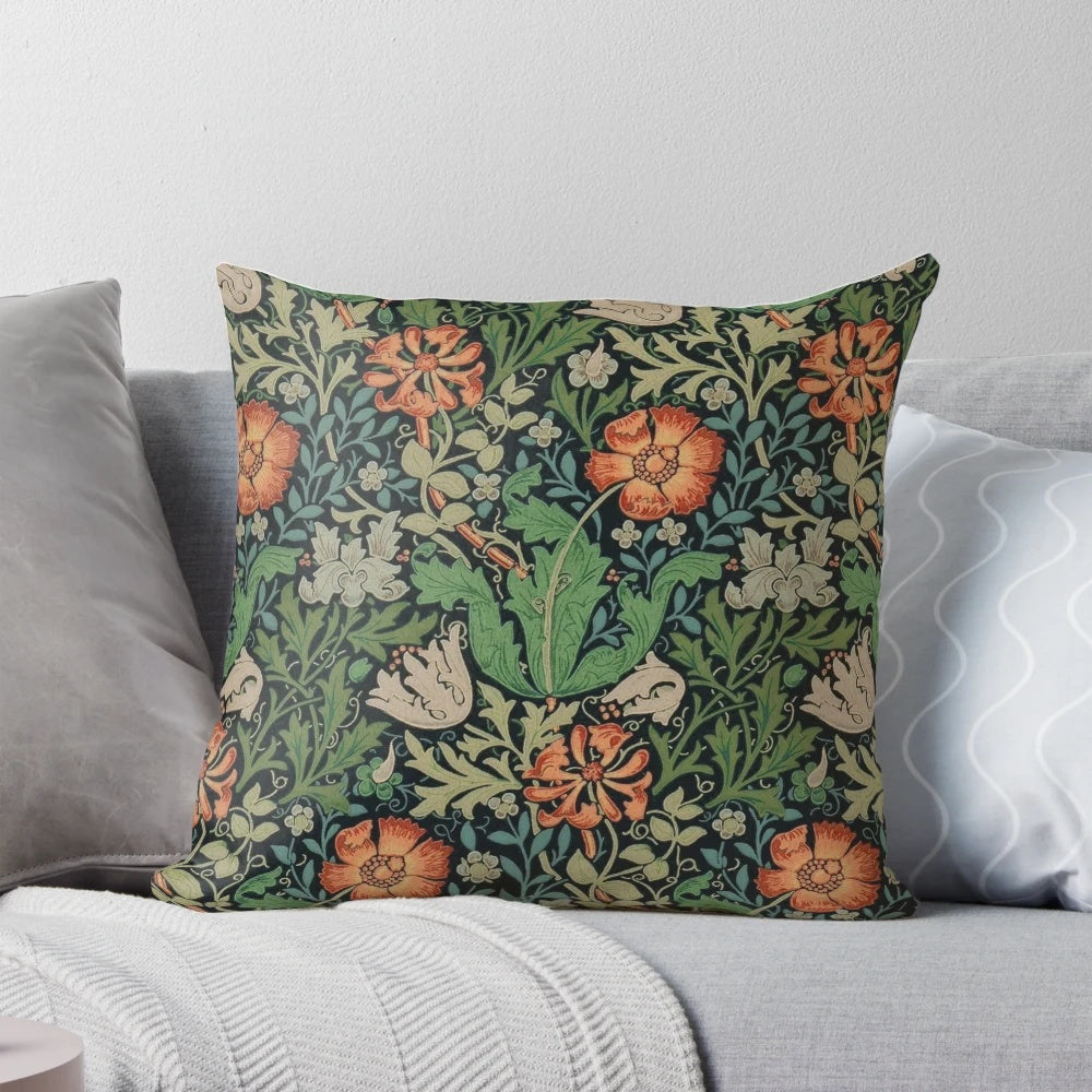 Antique floral decorative pillow featuring a nature-inspired william morris wallpaper pattern