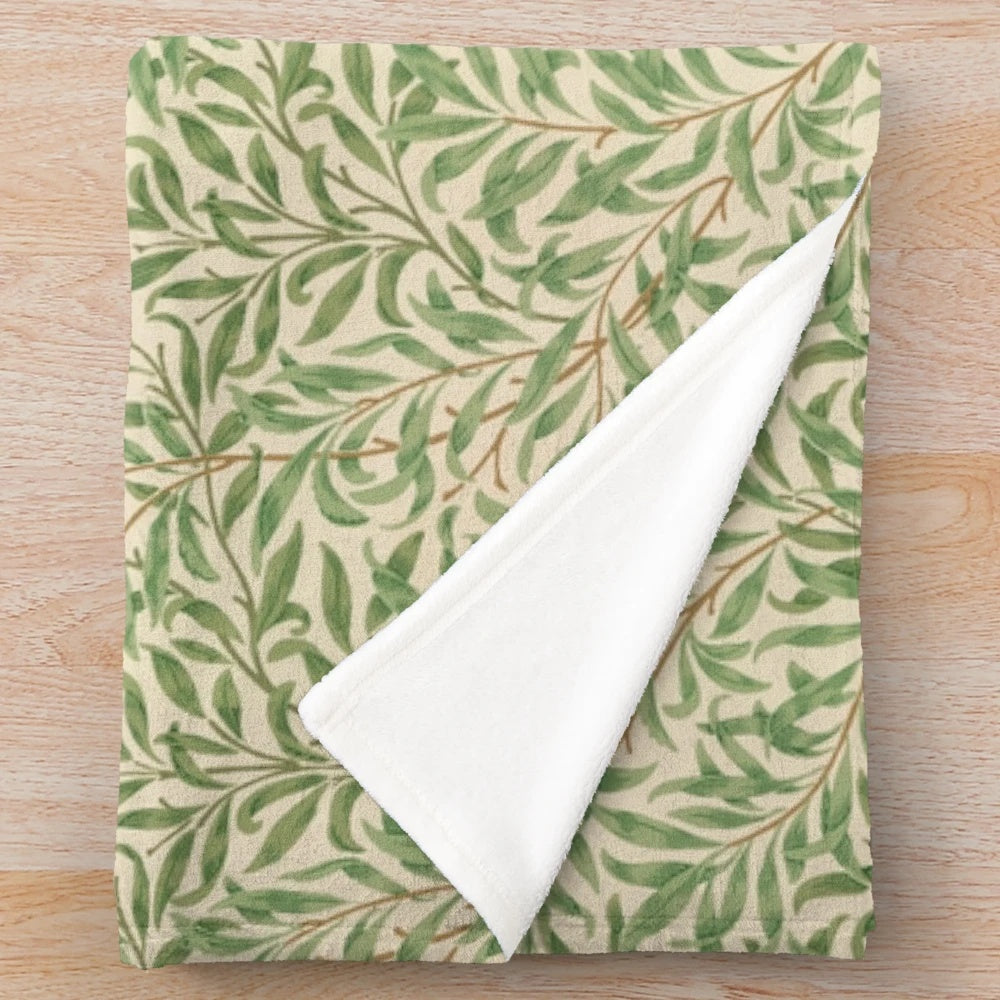 Willow Boughs Plush Blanket with Natural Leaves Pattern