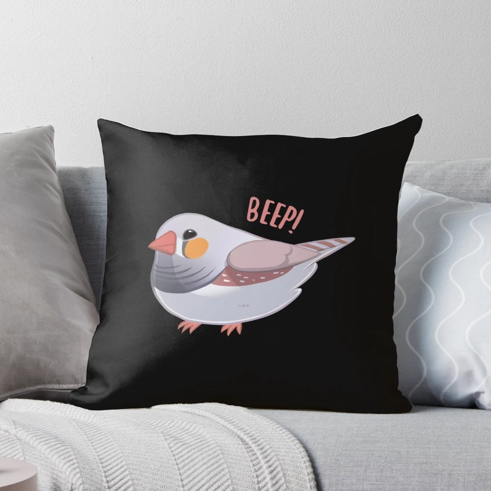 Vibrant zebra finch bird print on a plush, soft pillow for home decor