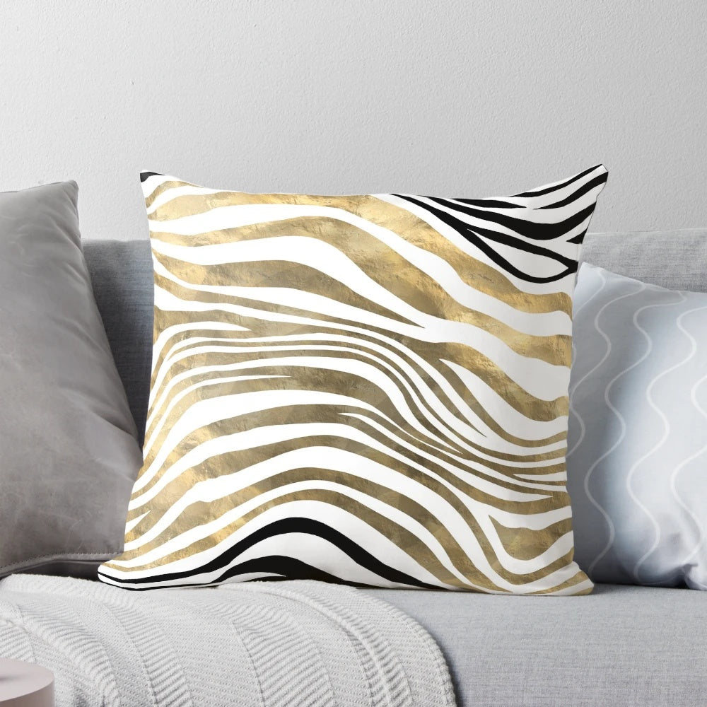 Zebra stripes faux gold foil and black decorative pillow for modern, stylish home decor
