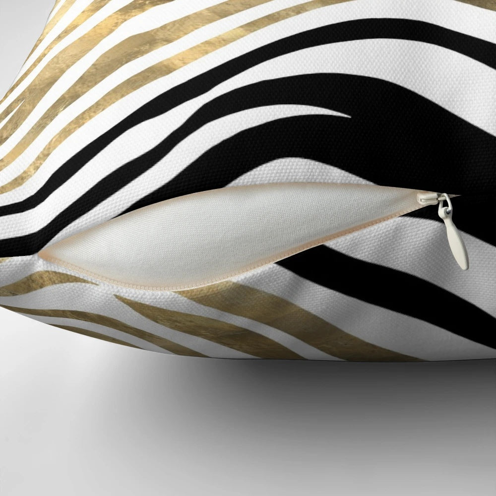 Zebra stripes faux gold foil and black decorative pillow for modern, stylish home decor