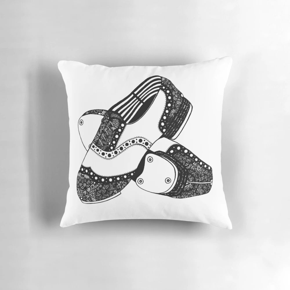 Beautifully designed zentangle pattern decorative throw pillow featuring tap shoes, perfect for dance enthusiasts and home decor.