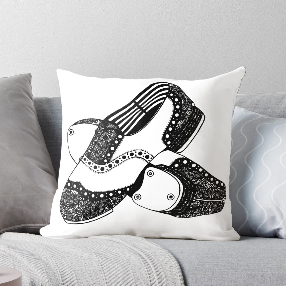 Beautifully designed zentangle pattern decorative throw pillow featuring tap shoes, perfect for dance enthusiasts and home decor.