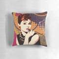 Soft, decorative pillow featuring a portrait of iconic actress Audrey Hepburn