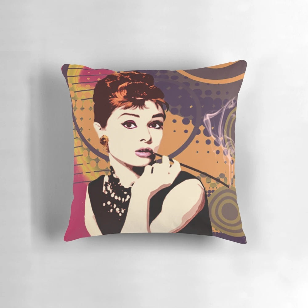 Soft, decorative pillow featuring a portrait of iconic actress Audrey Hepburn