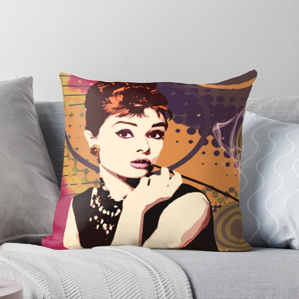Soft, decorative pillow featuring a portrait of iconic actress Audrey Hepburn