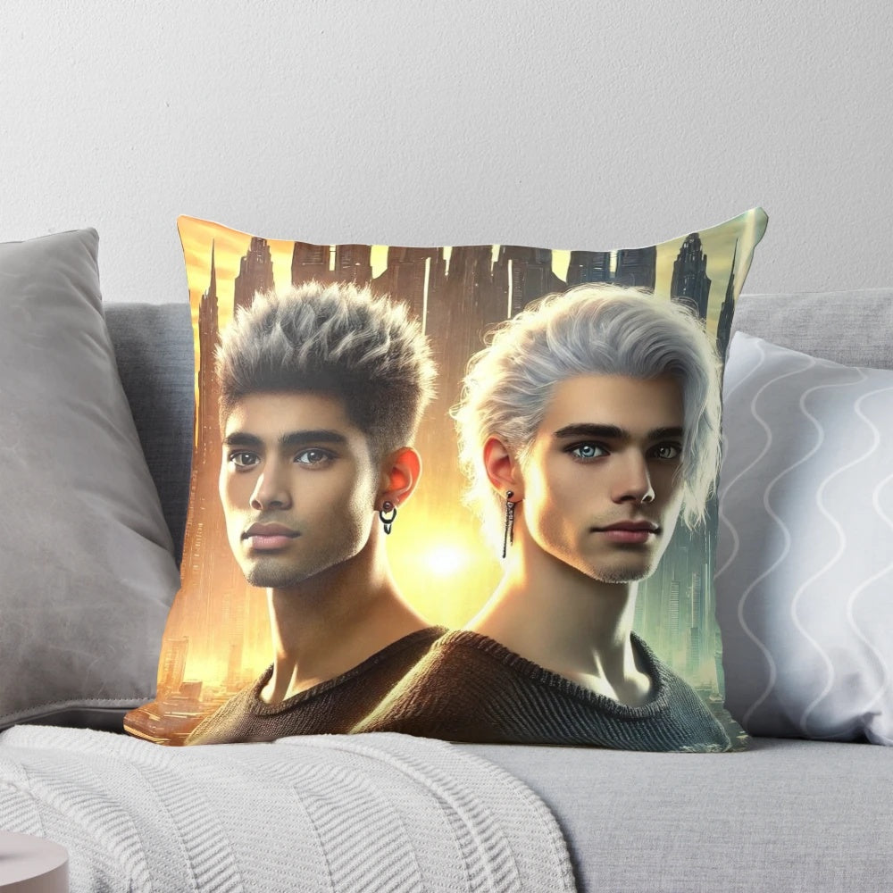 Pillow featuring two angels, one with fire-like powers and the other with water-like powers, in a dynamic pose representing their friendship and conflict.