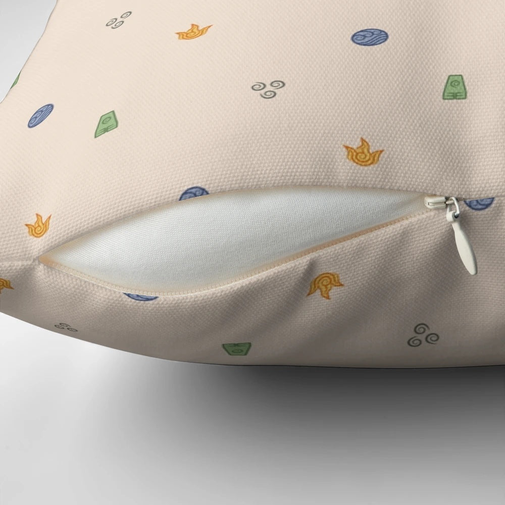 Avatar the Last Airbender Elements Pillow featuring the four elemental symbols of air, earth, water, and fire.