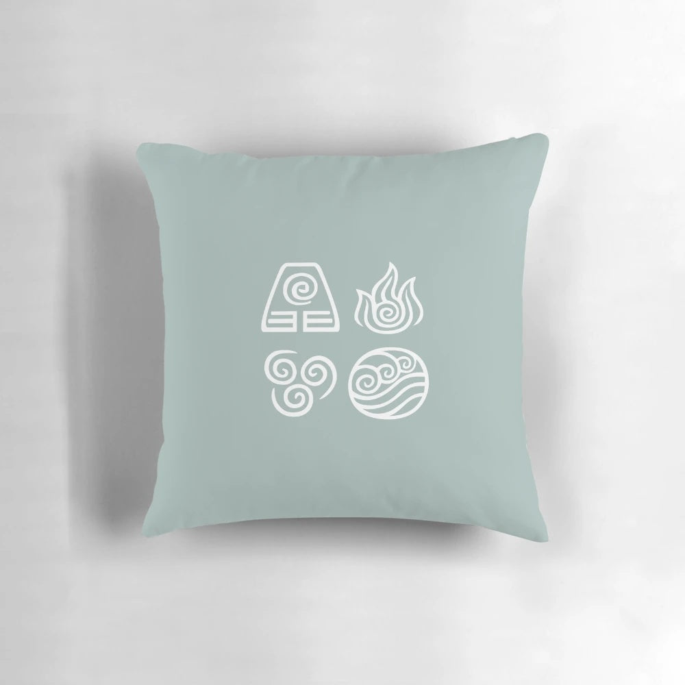 A blue pillow featuring the four elements of Avatar: The Last Airbender - earth, fire, air, and water.