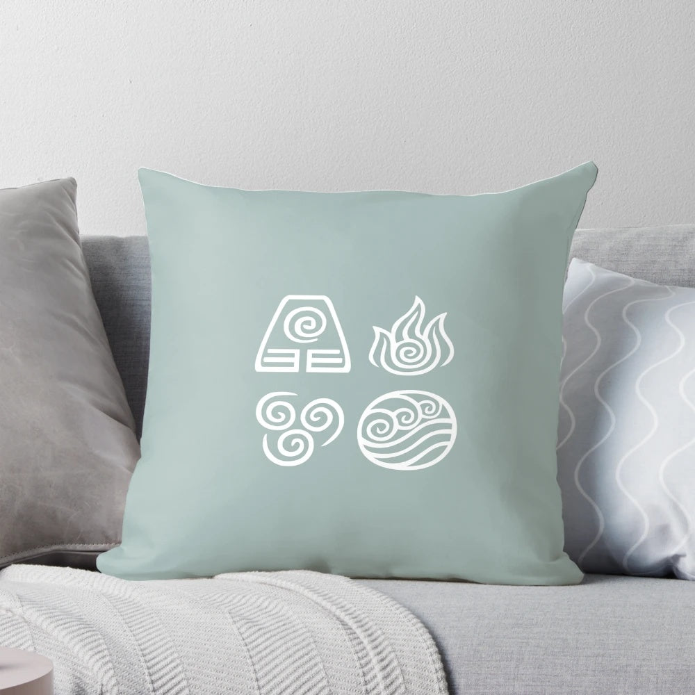 A blue pillow featuring the four elements of Avatar: The Last Airbender - earth, fire, air, and water.