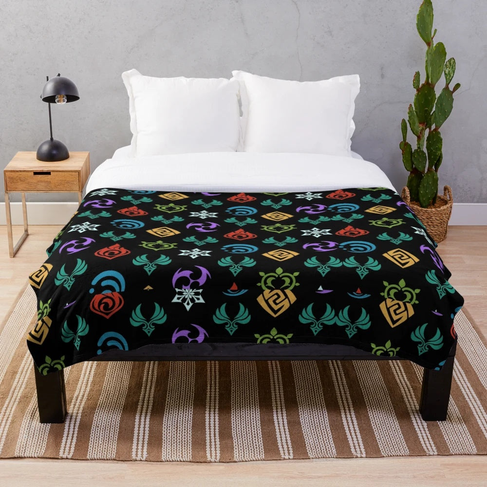Genshin Impact themed plush blanket featuring all elements