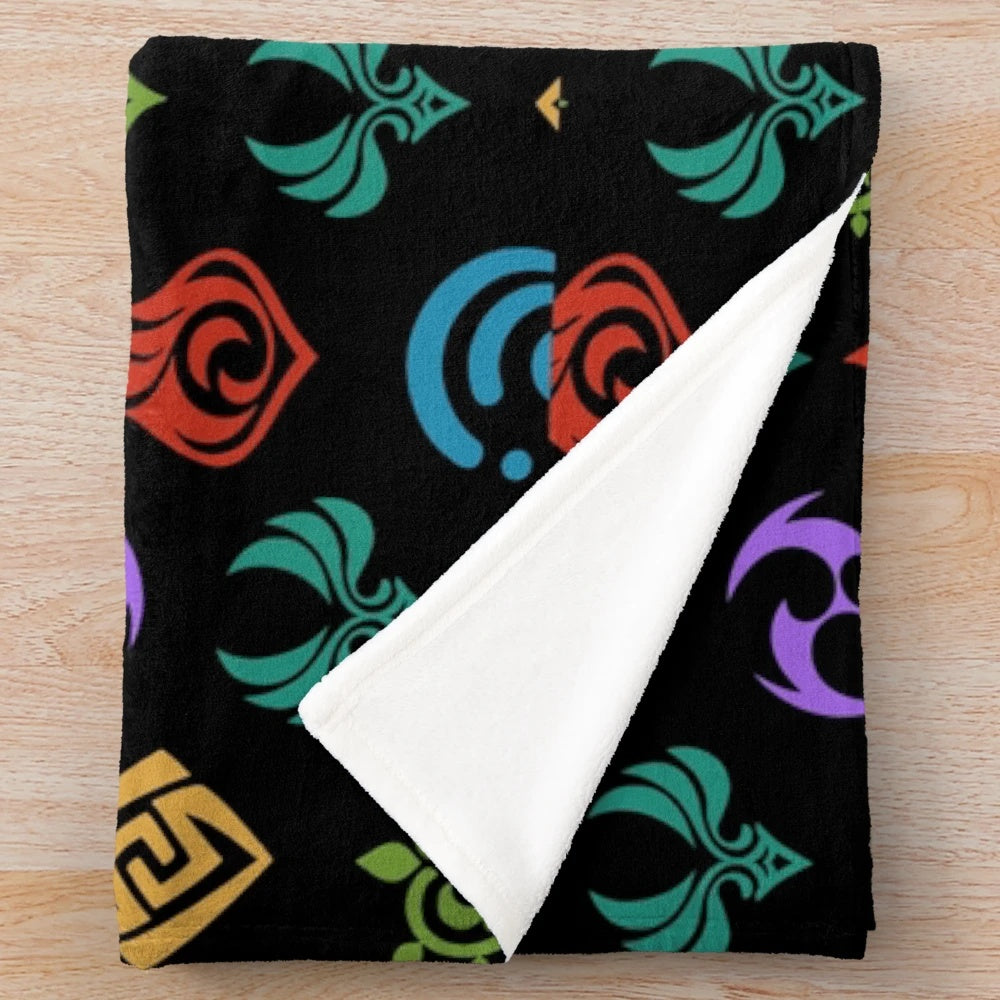 Genshin Impact themed plush blanket featuring all elements