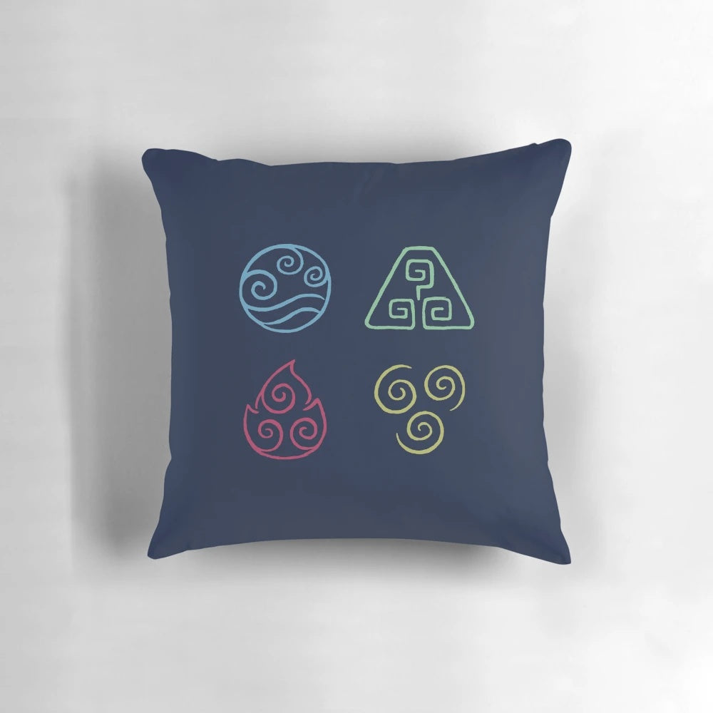 Close-up view of a dark blue and white abstract pillow with swirling elemental design