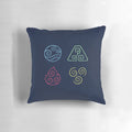 Close-up view of a dark blue and white abstract pillow with swirling elemental design