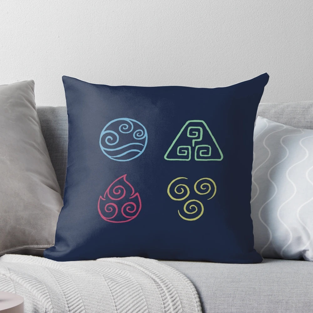 Close-up view of a dark blue and white abstract pillow with swirling elemental design