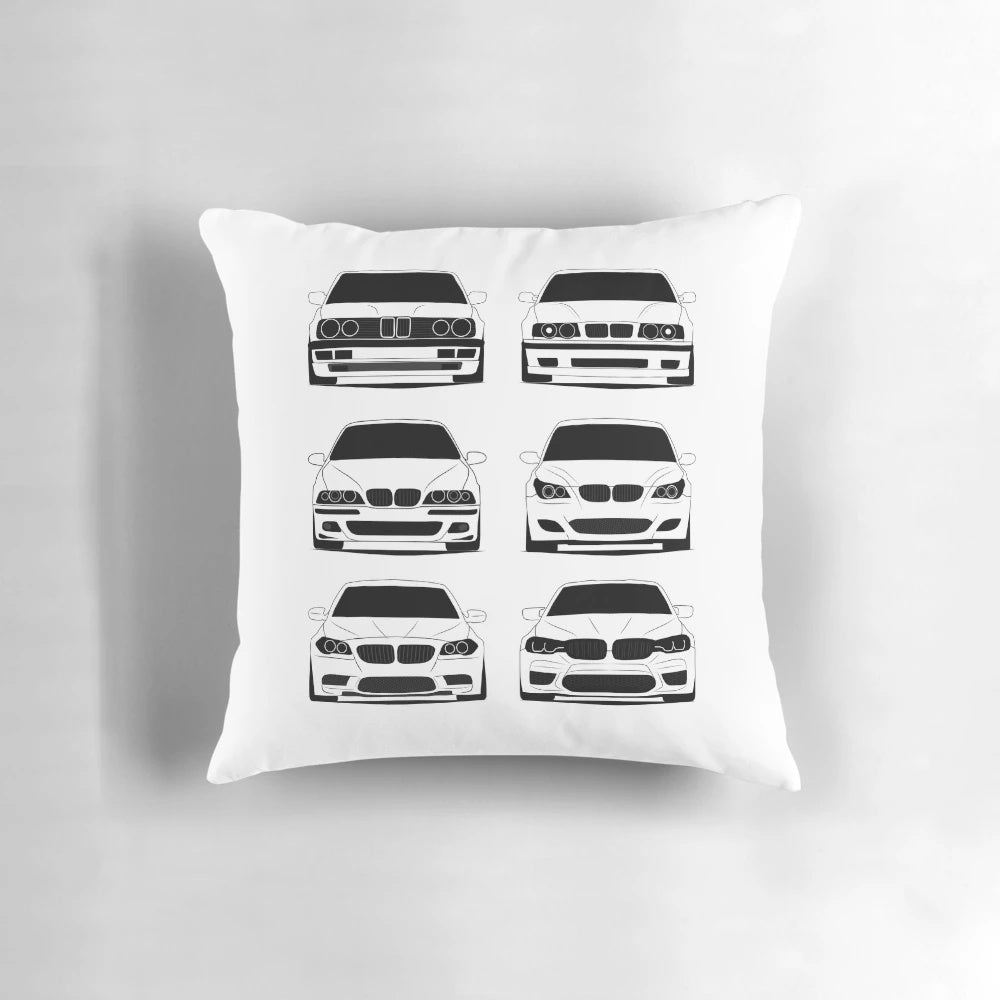 Soft, comfortable pillow featuring the iconic BMW 5 Series generations